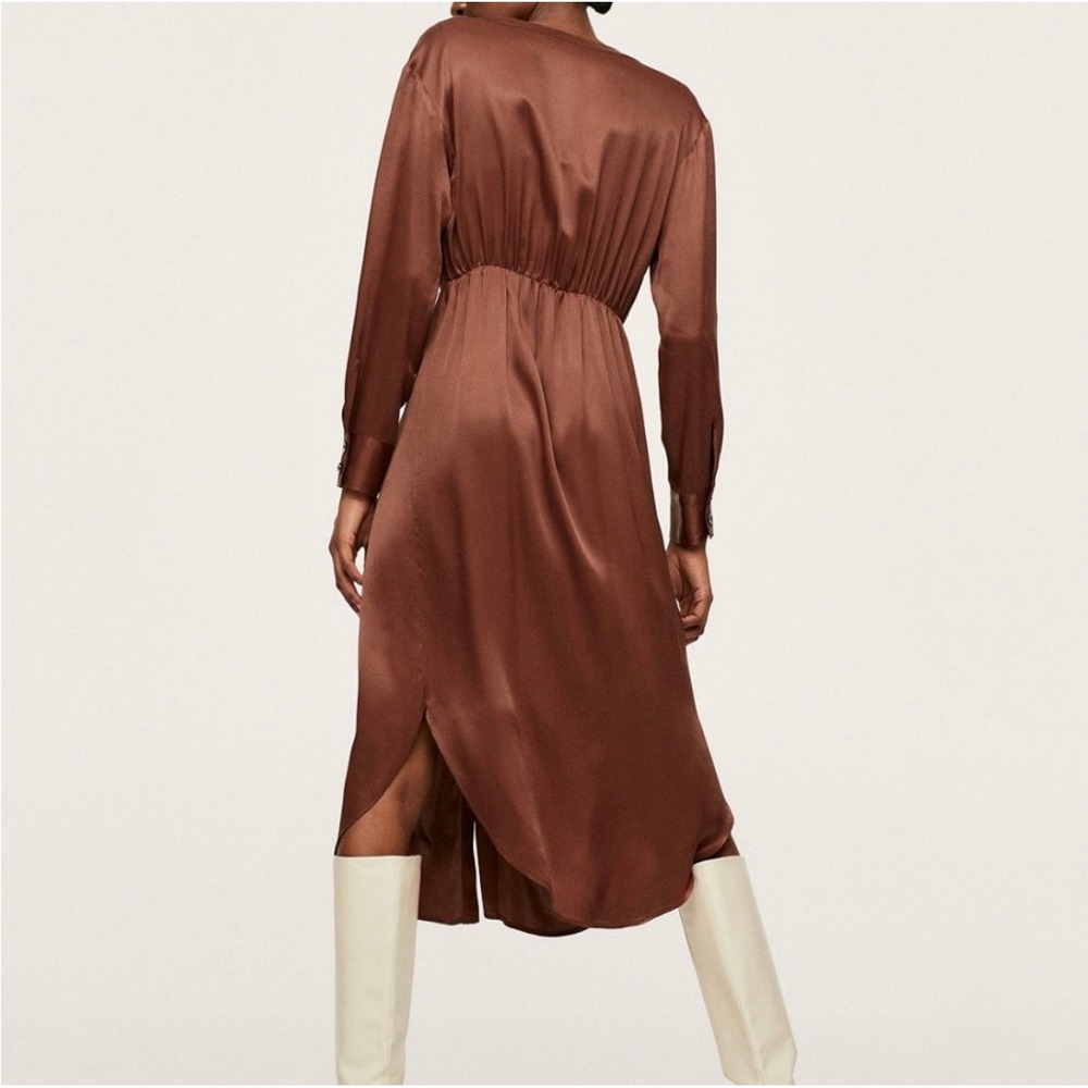 MNG Brown Satin Long Sleeve Button Front Midi Shirt Dress Size S - Picture 3 of 11